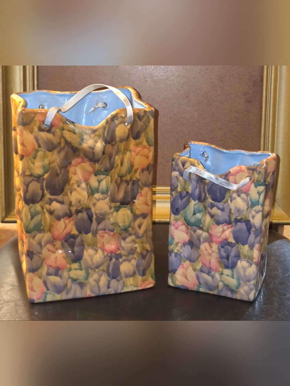 Set of 2 Rare Enesco Ceramic Vase/Planter Crumpled Paper Gift Bags Floral Design